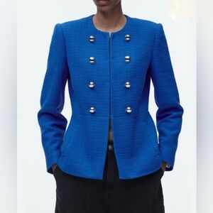 NWOT ZARA - SS23 Cobalt Blue Tweed Textured Women's Blazer w/ Gold Buttons